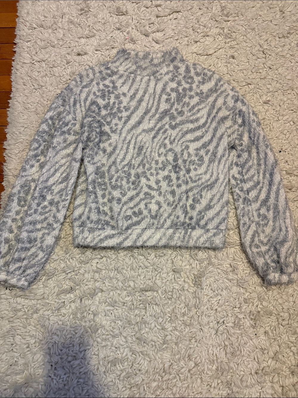 Willow & Root Eyelash Fuzzy White and Grey Zebra Cheetah Print Sweater